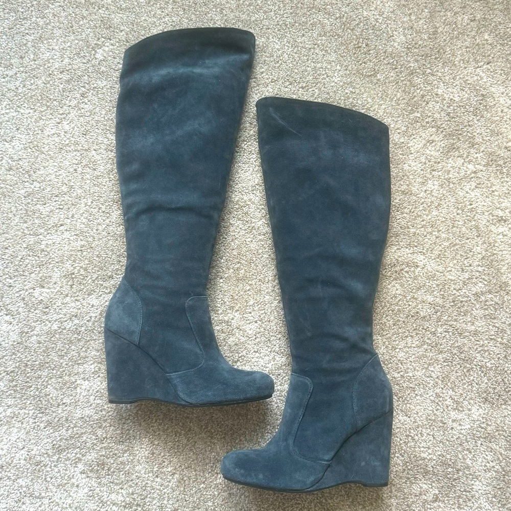 Born Crown Navy Suede Knee High Over the Knee Wedge Boots